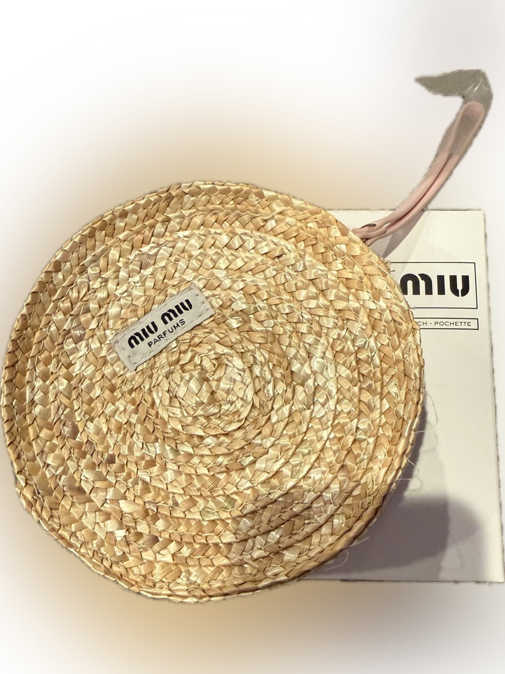 Miu Miu Parfums Round Woven Straw Wristlet with Pink Strap NIB